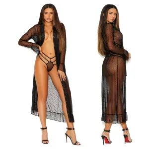 Long Sleeve Dotted Mesh Robe & Panty-Black 1X